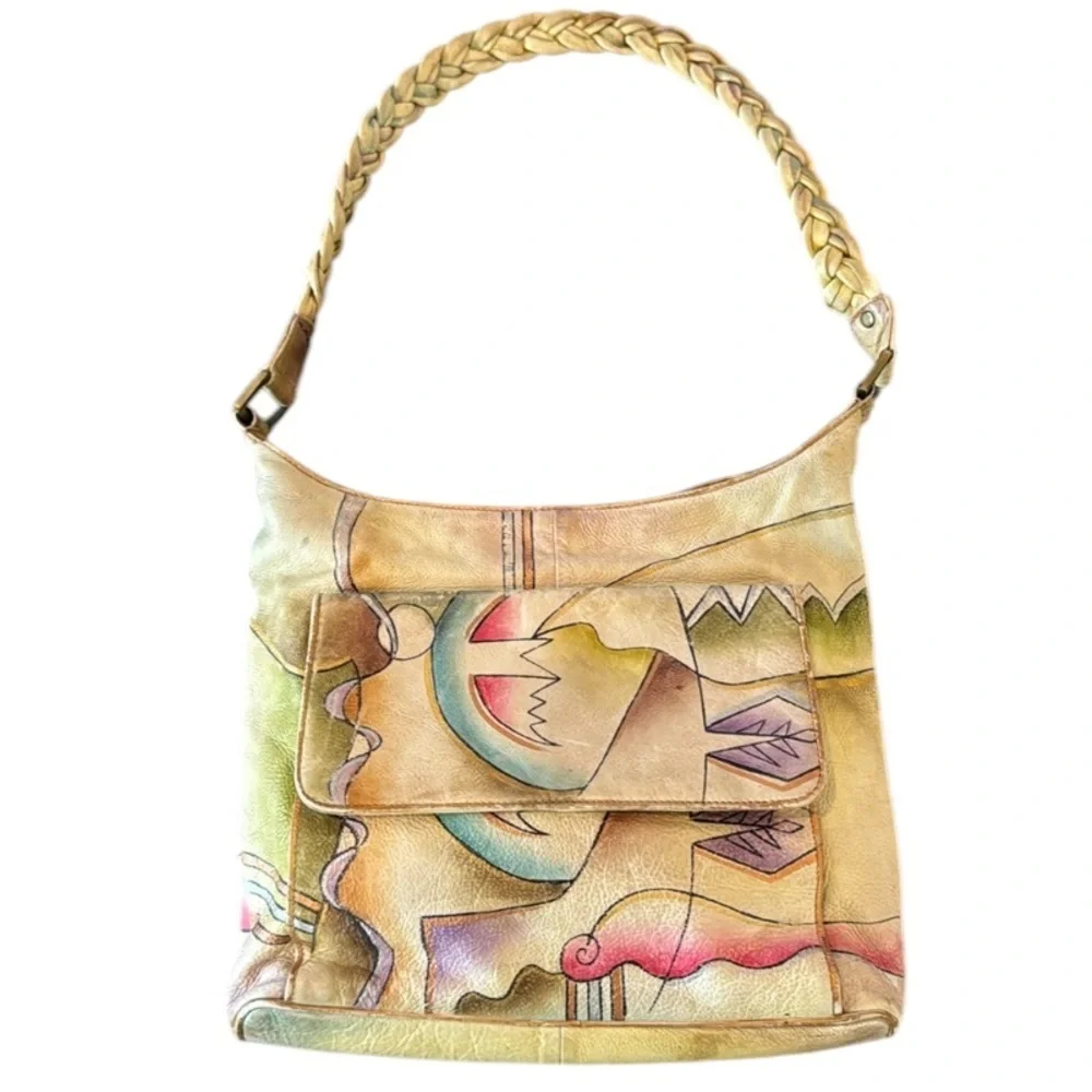 Vintage Handpainted Leather Manifique Hobo Bag with Braided Shoulder Strap